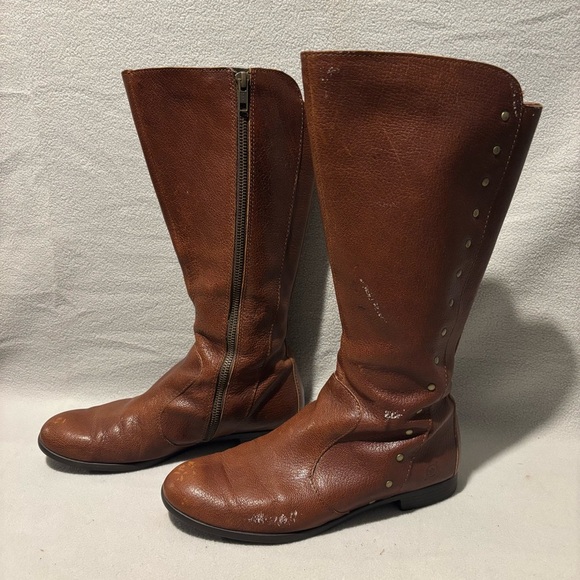 Born Amila Tall Studded Brown Leather Zip Boots Size 8M - Picture 4 of 10